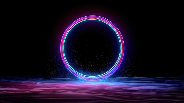 3D render of colorful neon light ring hovering over sandy desert landscape with flying particles and glowing lines, abstract circular frame for product showcase on black background.