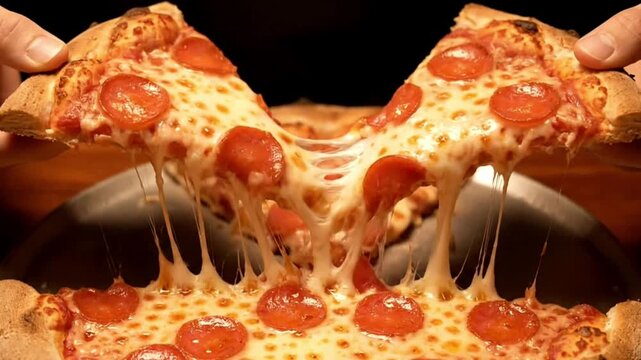 Fresh pizza being pulled apart with cheese stretching