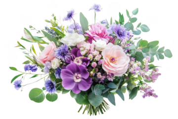 Beautiful floral bouquet arrangement with roses, orchids, and cornflowers png for graphic design and crafts isolated on transparent background