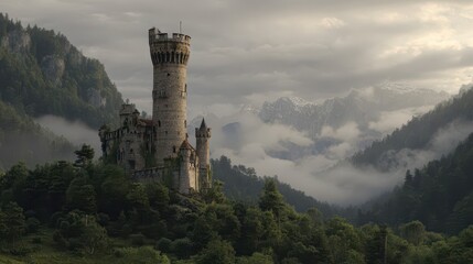 A majestic, ancient castle perches atop a hill, surrounded by misty mountains and lush forests, creating a serene and atmospheric landscape.