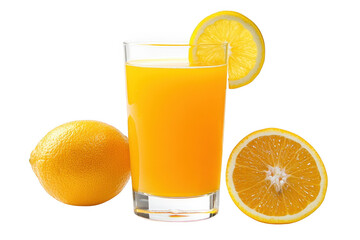 Fresh orange juice in glass with lemon slice and half orange fruit still life photography isolated on transparent background