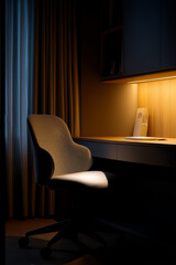 A late-night ergonomic desk with soft ambient lighting A chair with full lumbar support holds the worker comfortably