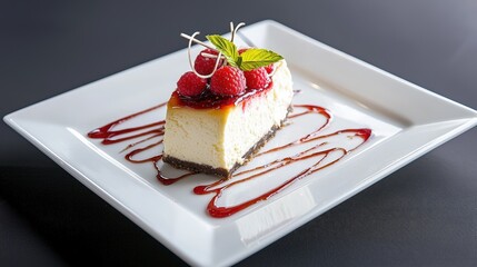 A piece of cheesecake adorned with raspberry coulis, decadent dessert showcase
