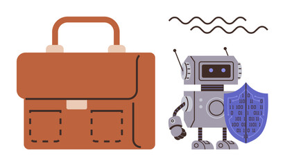 Brown briefcase beside a robot carrying digital shield with binary details, symbolizing innovation, protection, technology, and business tools. Ideal for cybersecurity, AI, business, innovation