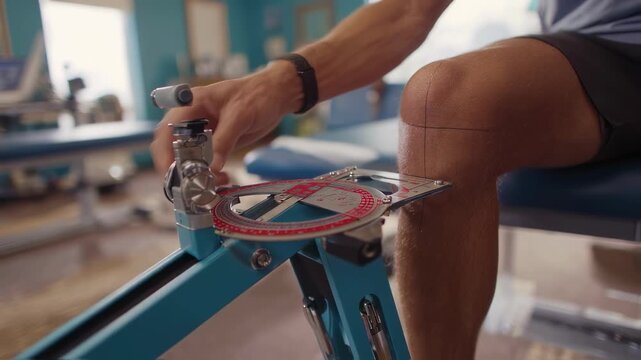 Medium shot of a physical therapist measuring joint flexibility with a goniometer on a sprinters knee device and leg sharply focused rooms edges softly blurred.