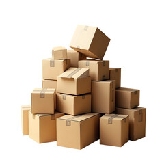 Fototapeta premium Pile of cardboard boxes stacked high for shipping and storage transportation logistics transparent background