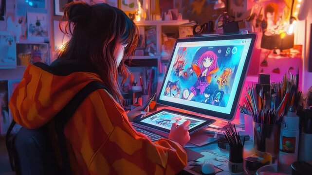 Young Artist Creating Vibrant Digital Art in a Cozy, Colorful Studio with Creative Tools and Illustrations