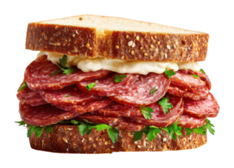 Savory salami sandwich kitchen table food isolated on transparent background