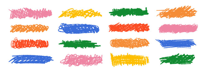 Bright colorful childish scribble set. Colored crayon doodle line and stripe collection. Hand drawn rough charcoal brushstroke element pack. Pastel pencil curly, wavy, squiggly stroke bundle. Vector