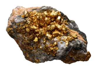 Mining gold ore in nature geological sample view rocks isolated on transparent background