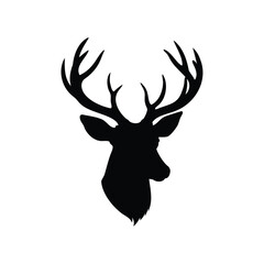 Elegant black silhouette of a deer head with antlers on white backdrop, deer head profile illustration silhouette
