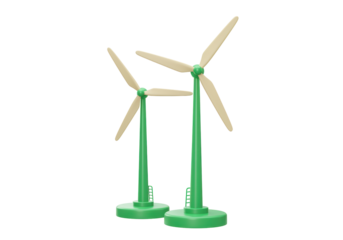 Isolated Green and Beige Wind Turbines: 3D Render of Eco-Friendly Energy Generators on a Clean White Backdrop, Symbolizing Sustainability and Green Technology