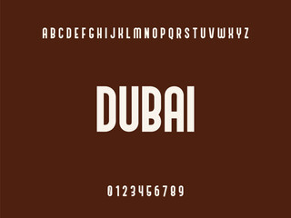 Dubai City Name White Typography Text with Alphabet and Numbers on Dark Brown Background