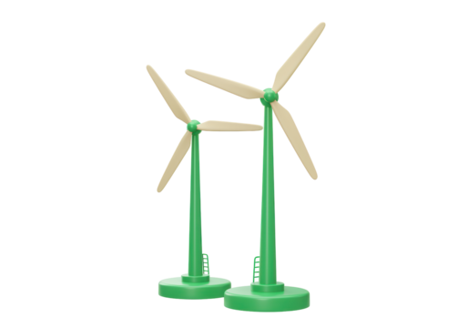 Isolated Green and Beige Wind Turbines: 3D Render of Eco-Friendly Energy Generators on a Clean White Backdrop, Symbolizing Sustainability and Green Technology