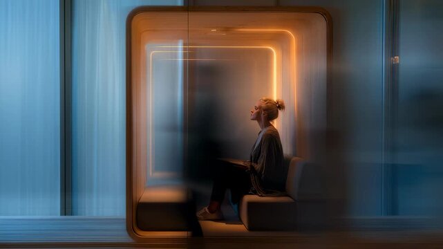 Employee journaling inside a minimalist focus pod lit by warm natural light with the background softly blurred to convey introspection and stress relief.