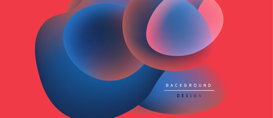 Abstract shapes overlap, creating vibrant color gradients. Red background complements blue, pink hues. Modern design element.