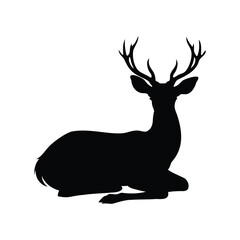 Beautiful detailed black silhouette of a majestic stag deer resting calmly, deer sitting quietly illustration silhouette