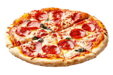 Delicious pepperoni pizza with mozzarella cheese and basil toppings ready to eat png image isolated on transparent background