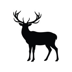 Majestic Black Deer Silhouette with Large Antlers on a White Background, deer with antlers illustration silhouette