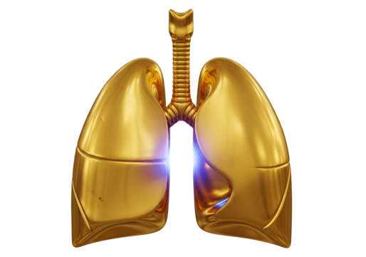 A detailed 3D rendering of two golden lungs against a black backdrop, highlighting internal structure with a subtle, vibrant light effect.