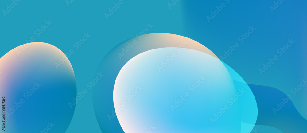 Poster abstract background features overlapping spheres. soft blue hues blend with peach tones creating cal