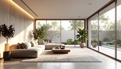 Fototapeta premium A 3D modern living room background with large floor-to-ceiling windows, minimalistic