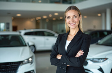 Pro woman in black suit smiles with crossed arms in auto dealership showroom. Cars in background. Automotive business, sales career opportunity, client trust and vehicle presentation concept.