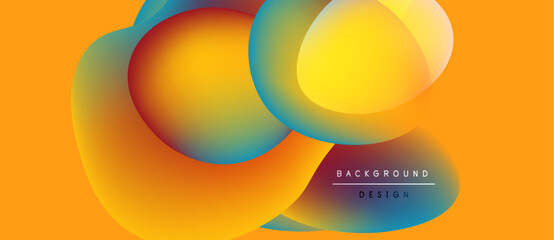 Abstract fluid shapes overlap, vibrant colors blend. Orange background complements design elements. Modern, dynamic composition.