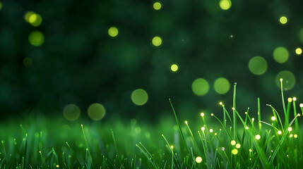 Enchanted meadow with magical fireflies glowing softly above fresh green grass in twilight