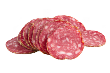 Delicious salami sausage meat slices food photography gourmet charcuterie appetizer deli isolated on transparent background