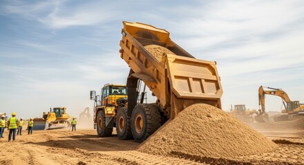 Obraz premium Articulated dump truck unloading sand on a construction site under bright sunny sky