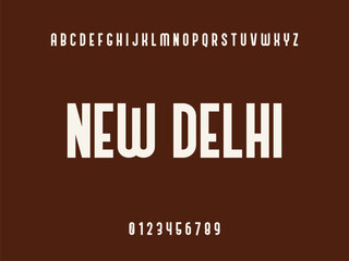New Delhi City Name White Typography Text with Alphabet and Numbers on Dark Brown Background