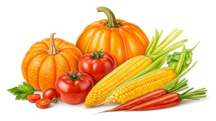 Obraz premium Fresh autumn harvest vegetables pumpkin corn carrot tomato illustration