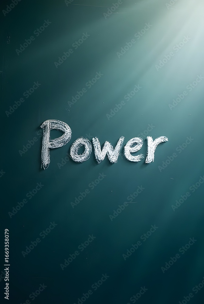 Poster chalk-written word power on a dark teal background evokes strength and determination, vertical compo