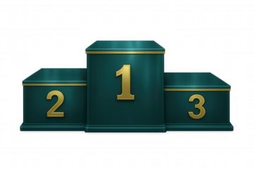 Green sports podium with golden numbers showing first, second and third place on transparent background