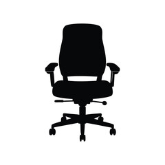 Black silhouette of an ergonomic office chair with armrests and wheels, ergonomic office chair illustration silhouette