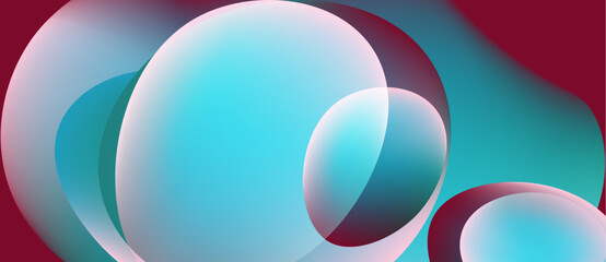 Abstract composition featuring overlapping translucent circles. Colors blend from teal to magenta, creating soft gradients. Minimalist design.