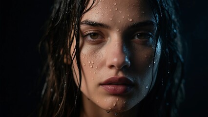 Wet-Haired Woman with Water Droplets on Face