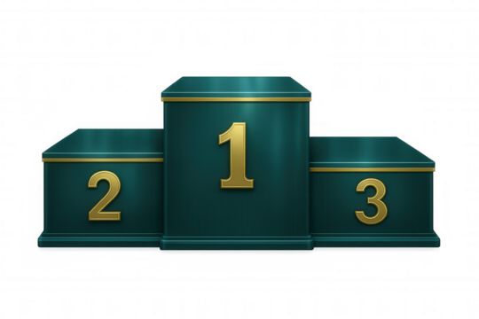 Green sports podium with golden numbers showing first, second and third place on transparent background