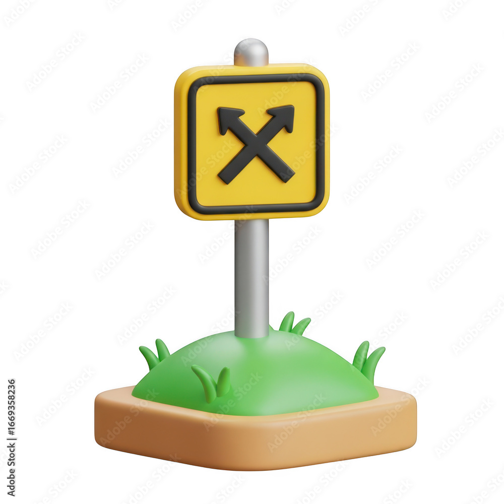 Poster 3d icon of 3d rendering of a yellow directional sign with arrows indicating opposite directions, iso