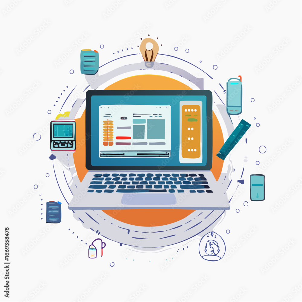 Poster vector illustration of a modern digital workspace with a laptop and various tech icons.