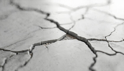 Obraz premium Close-up of broken light marble countertop showing cracks, fissures. Light grey stone surface features natural veins, rough, uneven texture with chipped, splintered edges. Abstract, detailed,