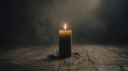 A single candle illuminates a dimly lit wooden surface, casting a warm glow in a peaceful, reflective setting.