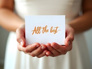 Warm hands gently hold a small white card, horizontal composition. The card features the phrase All the Best in a stylish burnt orange script, perfect for wedding or celebratory designs.