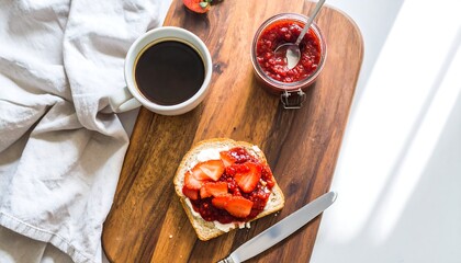 Overhead view of a simple breakfast of toast with cream cheese and sliced strawberries, accompanied by a cup of coffee and a small jar of jam, all arranged on a wooden board