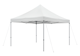 Isolated White Pop-Up Canopy Tent with Stake Ropes, Portable Gazebo for Outdoor Events, Trade Shows, and Backyard Parties, on White Background