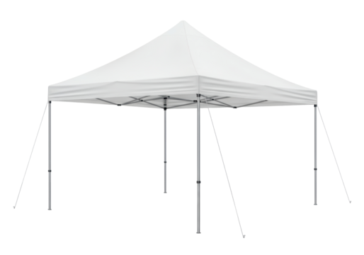 Isolated White Pop-Up Canopy Tent with Stake Ropes, Portable Gazebo for Outdoor Events, Trade Shows, and Backyard Parties, on White Background