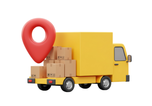 Isolated Yellow Delivery Truck with a Stack of Brown Boxes and a Red Location Pin on the Back, Depicting Local Shipping