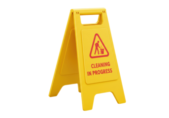 Isolated Caution Sign for Cleaning in Progress, a Yellow Foldable Plastic Safety Symbol with a Red Icon of a Person with a Bucket and Broom, Standing on a White Background