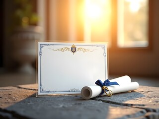 A blank certificate and diploma lie on a stone surface bathed in warm sunlight, horizontal composition. The elegant design and rich colors create a sophisticated image.